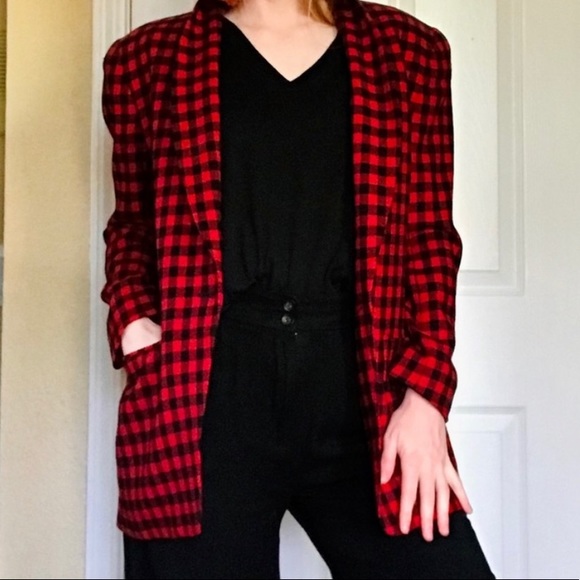 🌲 Vintage Wool Red & Black Check / Plaid Blazer - Picture 4 of 13